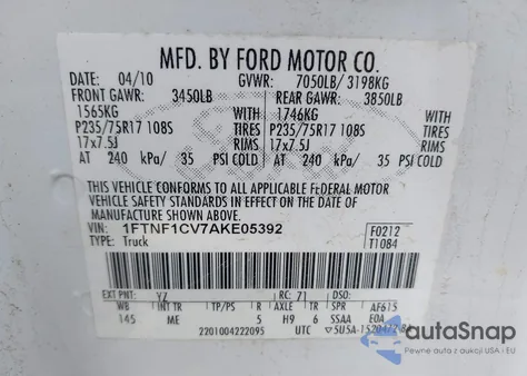 2010 Ford F150 Xl/Xlt из США, поврежденный, VIN 1FTNF1CV7AKE05392